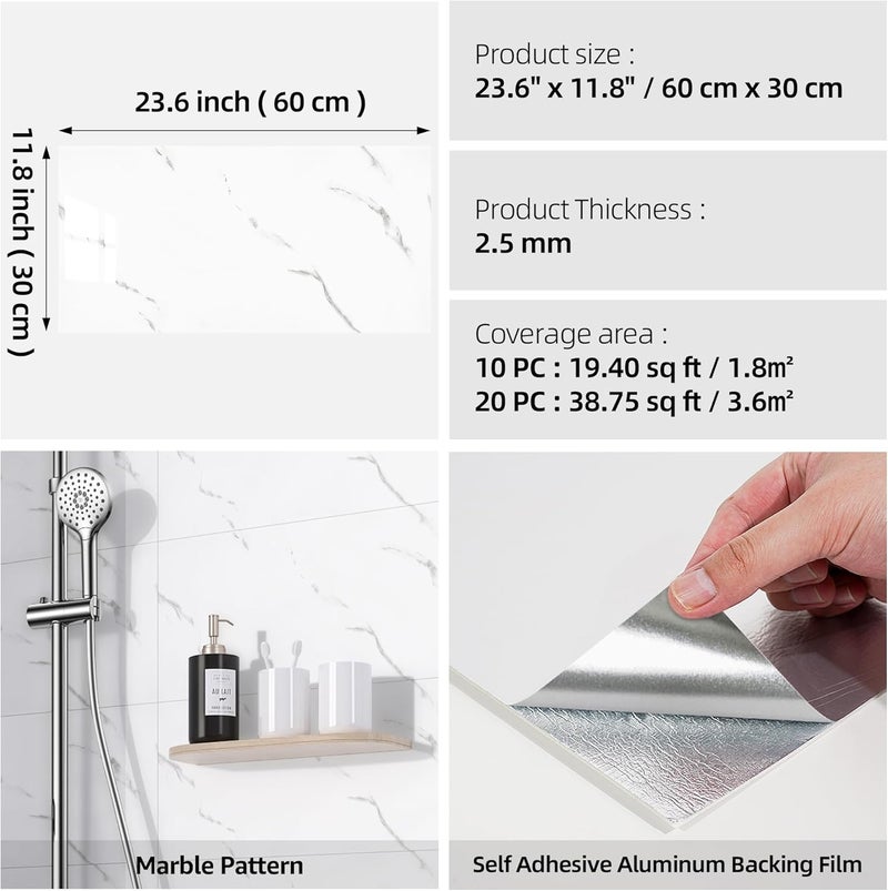 WADILE 23.6"x11.8" ألواح جدارية مائية من الرخام قابلة للتقشير واللصق بلاط رخام PVC لواجهة المطبخ، الحمام، غرفة المعيشة، غرفة النوم 10 عبوات بيضاء - Image 2